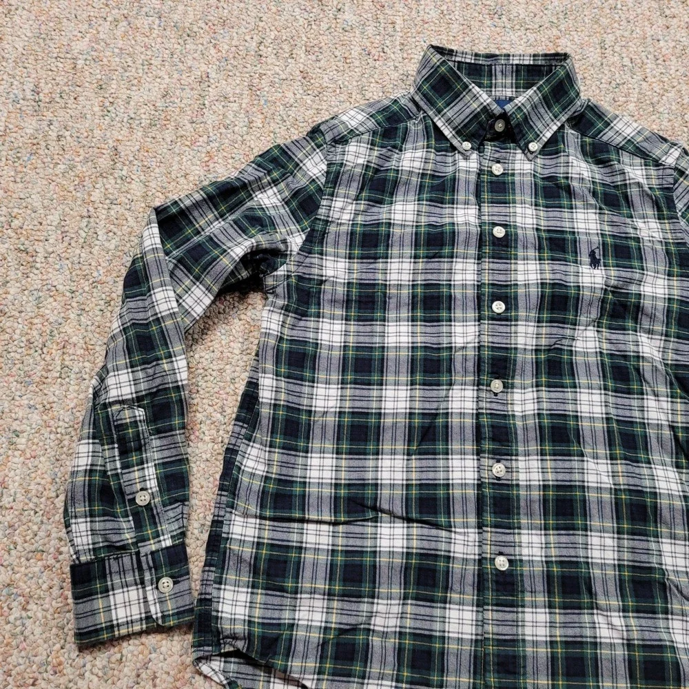 Ralph Lauren Shirt Boy Medium 10-12 Green Navy White Plaid OCBD Button Down Prep